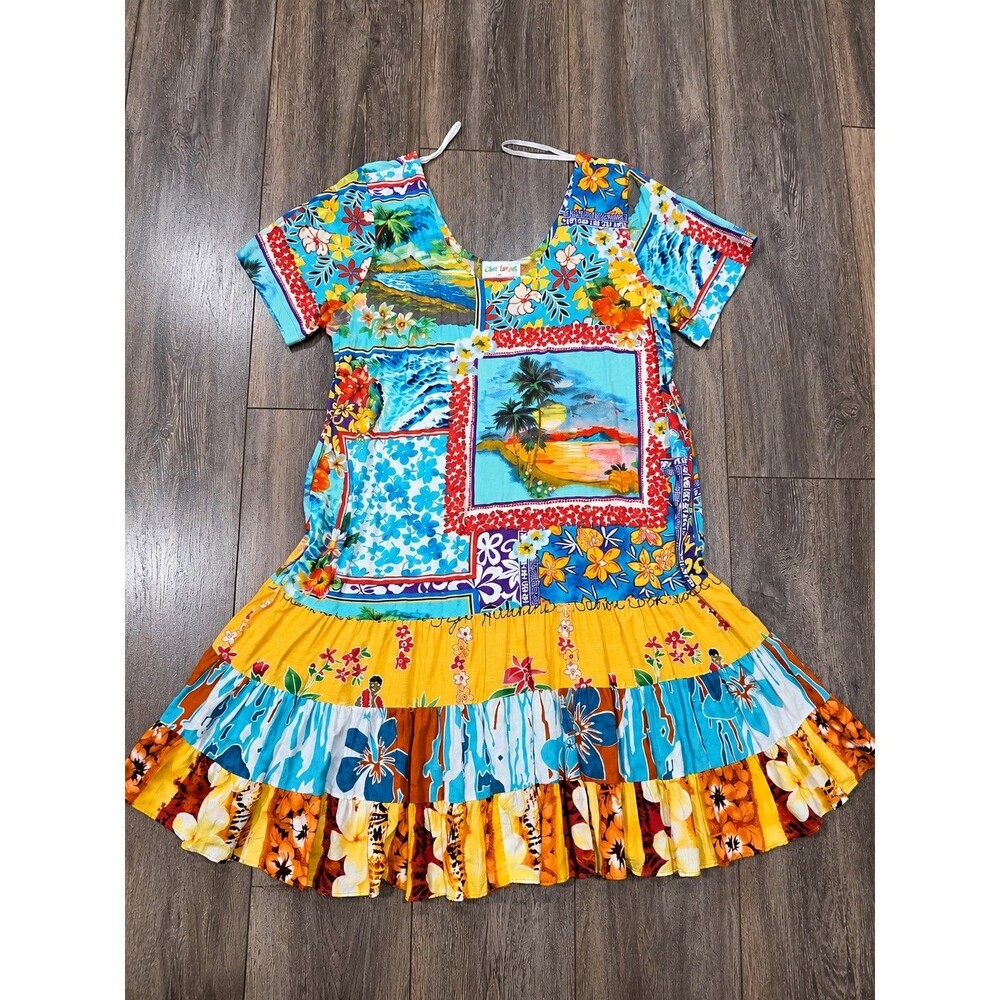 Vintage Jams World Womens XXL Hawaiian Patchwork Tropical Tiered Ruffle Dress